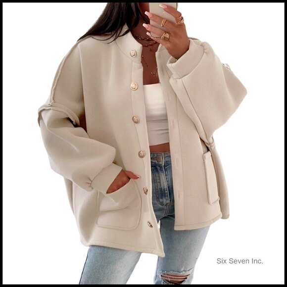 Jackets & Blazers - Oversized Button Down Jacket Lantern Sleeve Coat Mock Neck Casual Outerwear